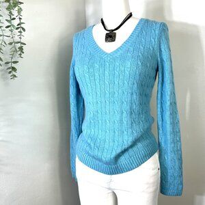 Ann Taylor LOFT Aqua Blue Cable Knit V-Neck Sweater Rabbit Hair Blend